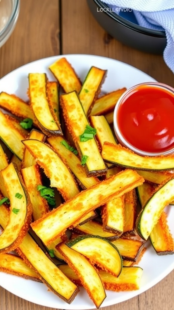 Crispy air fryer zucchini fries on a plate with marinara sauce for dipping.